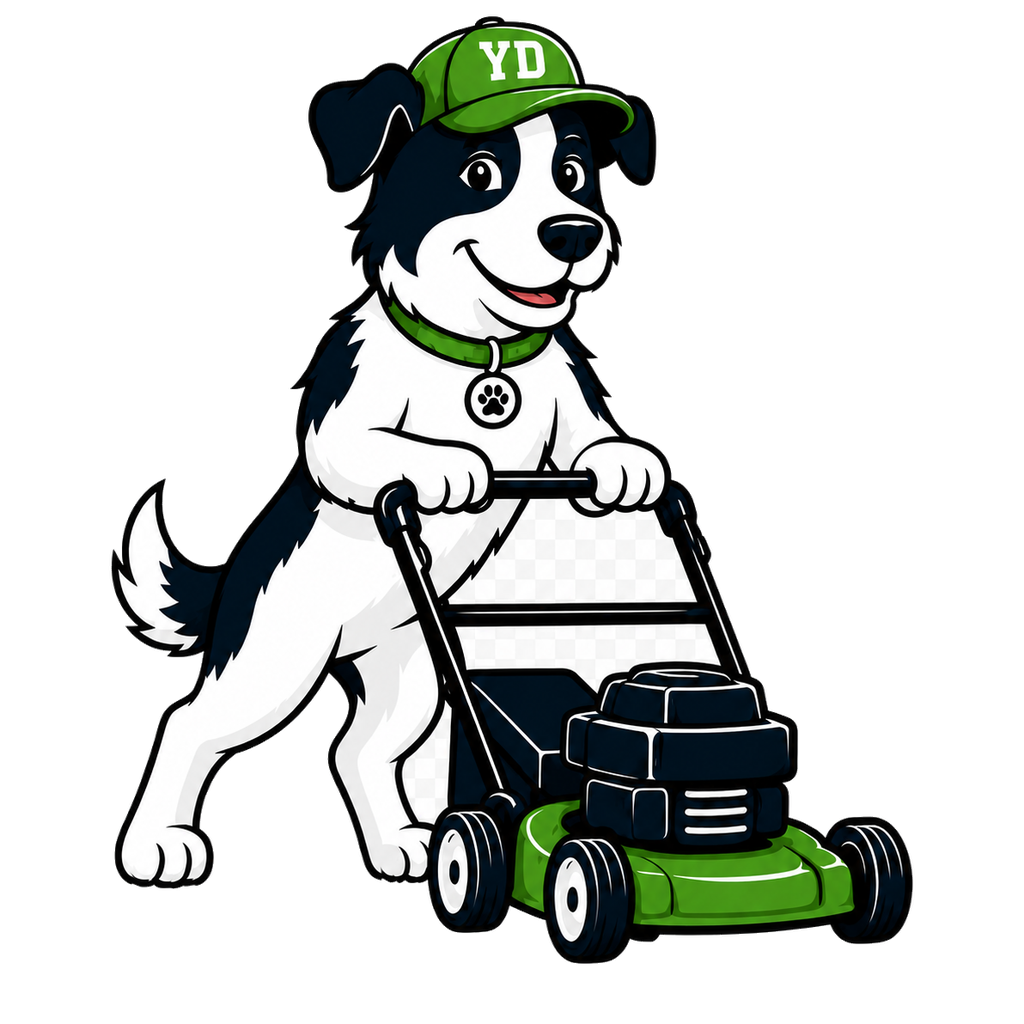 Dog pushing lawn mower